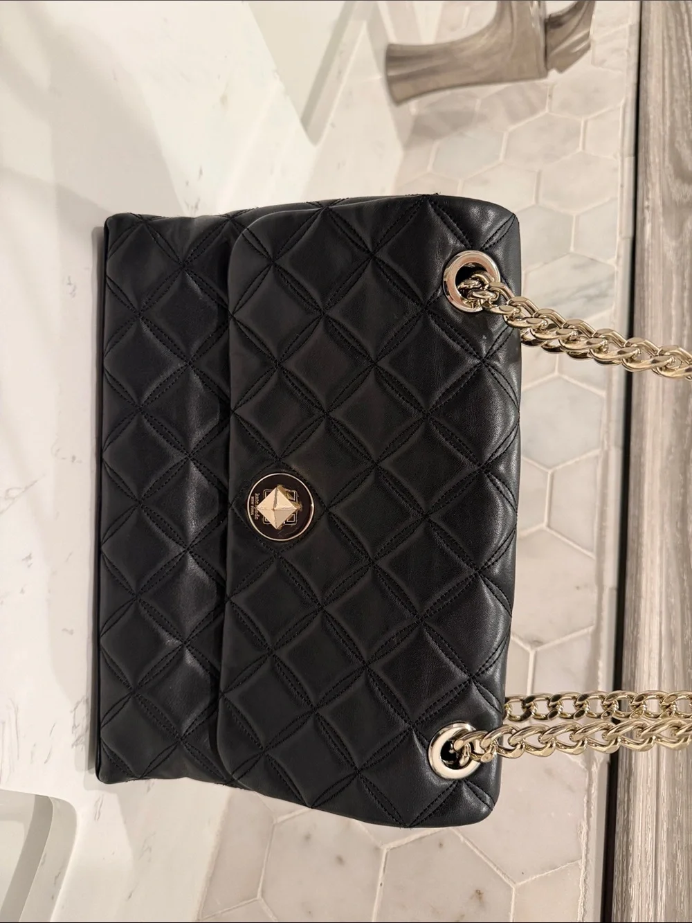 kate spade Medium Black Flap Quilted Shoulder and Crossbody Bag with Gold Chain